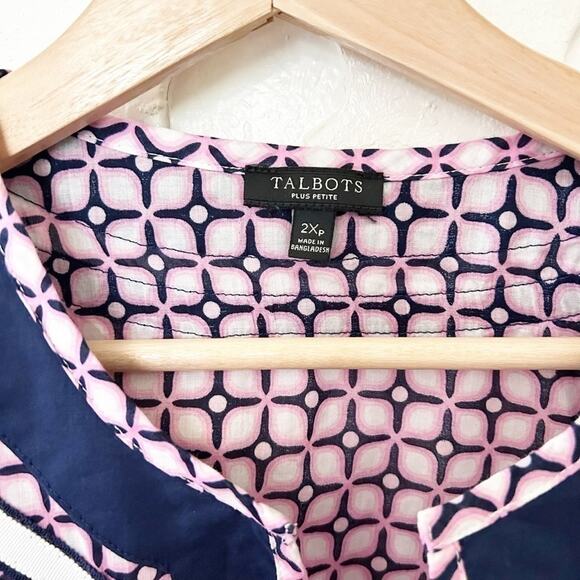 Talbots Pink Blue Geometric Print 3/4 Sleeve 100% Cotton Tunic Top Sz 2X Petite - Picture 2 of 6